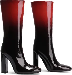 MOOMMO Mid Calf Chunky Heel Boots for Women Chic Round Toe Gradient Calf High Heel Boots Sexy Pull On leather 4” Block Heel Dress Boots Trendy Party Club Prom Winter Warm 4-11 M US