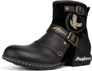 Motorcycle Boots Men Waterproof Leather -Retro Moto Biker Boots with Zip Up & Harness, Riding Combat Boots for Men Casual & Daily Wear