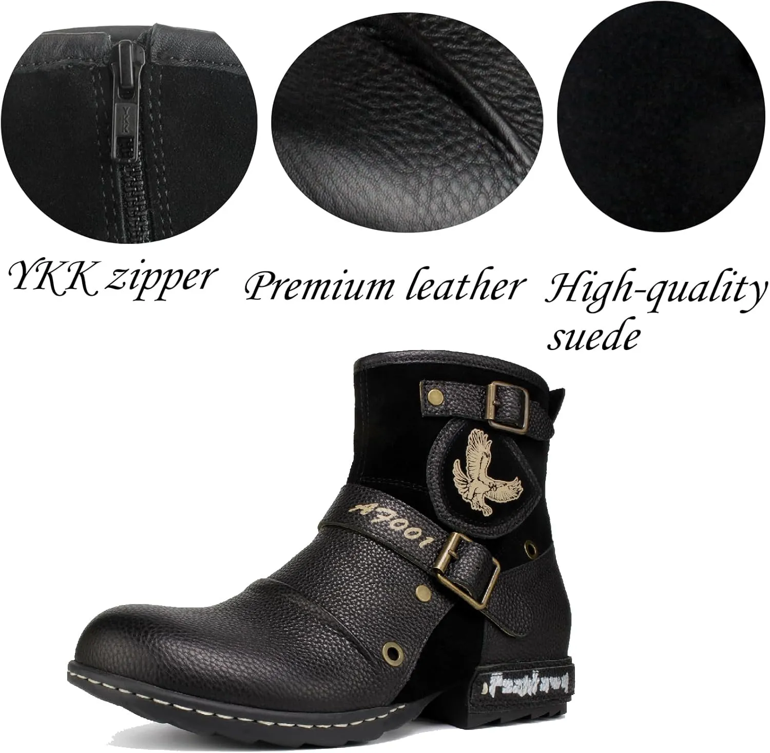 Motorcycle Boots Men Waterproof Leather -Retro Moto Biker Boots with Zip Up & Harness, Riding Combat Boots for Men Casual & Daily Wear