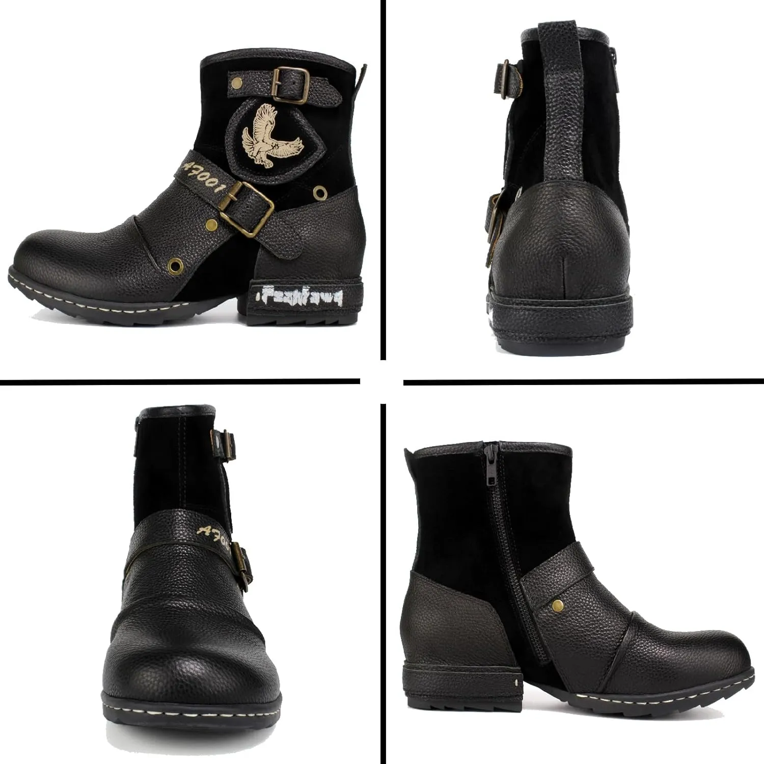 Motorcycle Boots Men Waterproof Leather -Retro Moto Biker Boots with Zip Up & Harness, Riding Combat Boots for Men Casual & Daily Wear