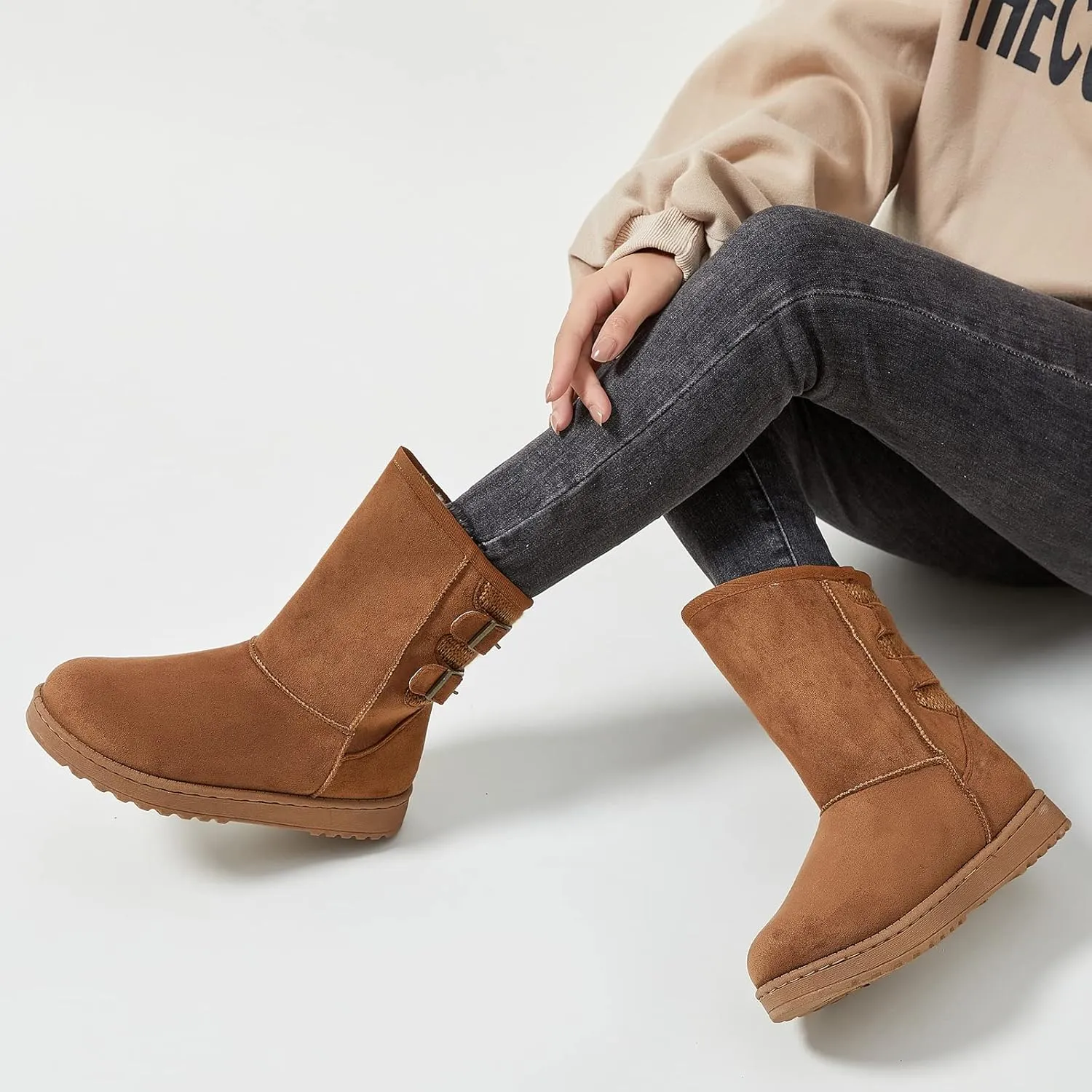 Moudki Womens Winter Boots Mid-calf Snow Boots Fashion Warm Boots for Women Cute Furry Slip On Boots
