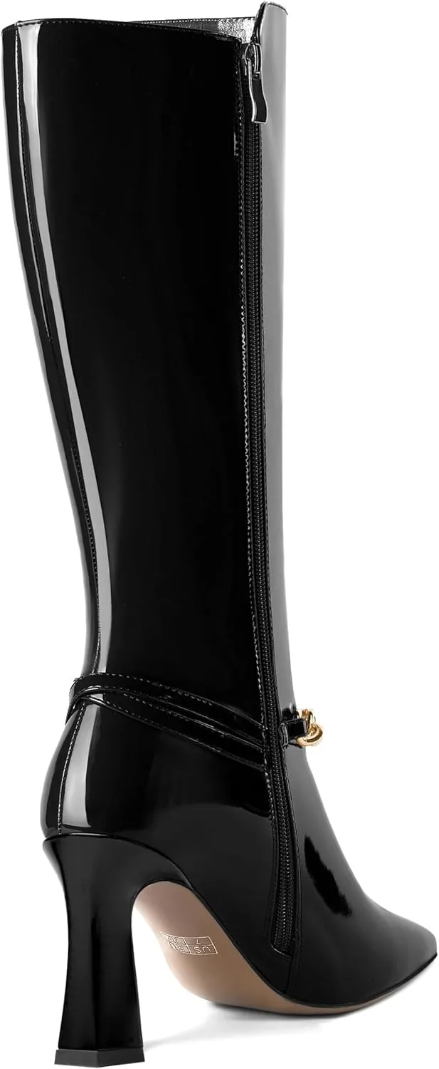 MOVINSTEPS Womens Ankle Strap Metal Pointed Toe Wedding Dress Zip Patent Kitten High Heel Mid Calf Boots 3.3 Inch