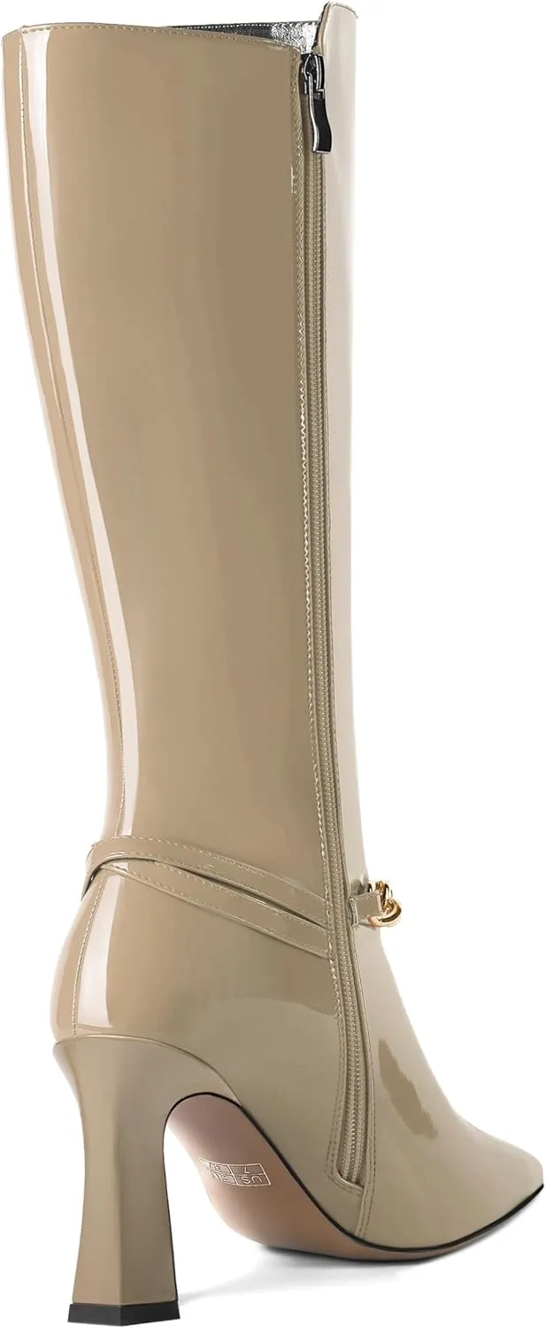 MOVINSTEPS Womens Ankle Strap Metal Pointed Toe Wedding Dress Zip Patent Kitten High Heel Mid Calf Boots 3.3 Inch