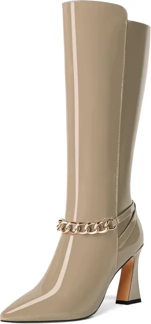 MOVINSTEPS Womens Ankle Strap Metal Pointed Toe Wedding Dress Zip Patent Kitten High Heel Mid Calf Boots 3.3 Inch