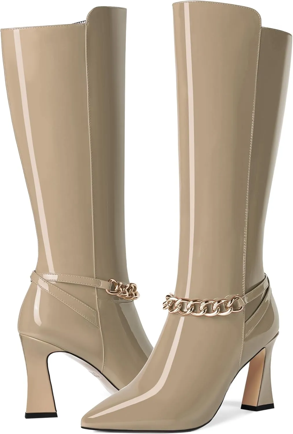 MOVINSTEPS Womens Ankle Strap Metal Pointed Toe Wedding Dress Zip Patent Kitten High Heel Mid Calf Boots 3.3 Inch
