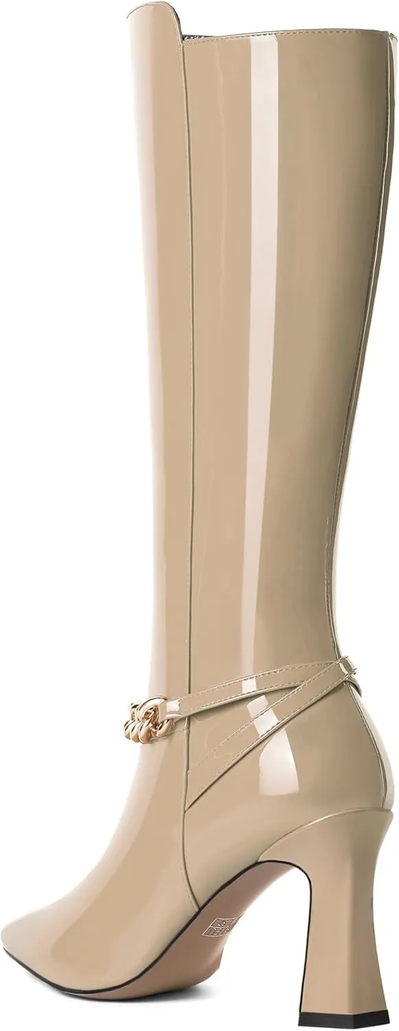 MOVINSTEPS Womens Ankle Strap Metal Pointed Toe Wedding Dress Zip Patent Kitten High Heel Mid Calf Boots 3.3 Inch