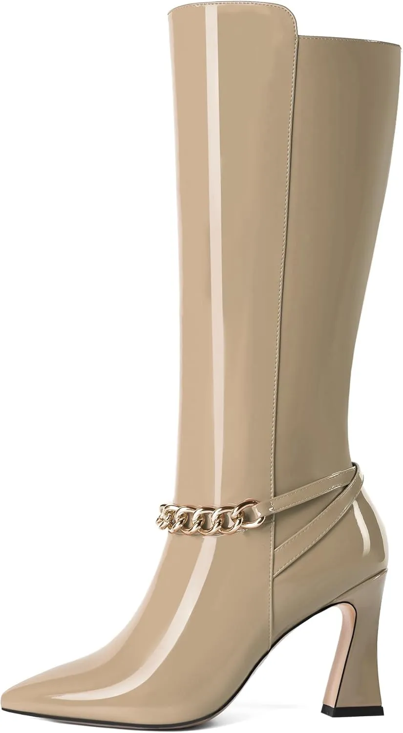 MOVINSTEPS Womens Ankle Strap Metal Pointed Toe Wedding Dress Zip Patent Kitten High Heel Mid Calf Boots 3.3 Inch