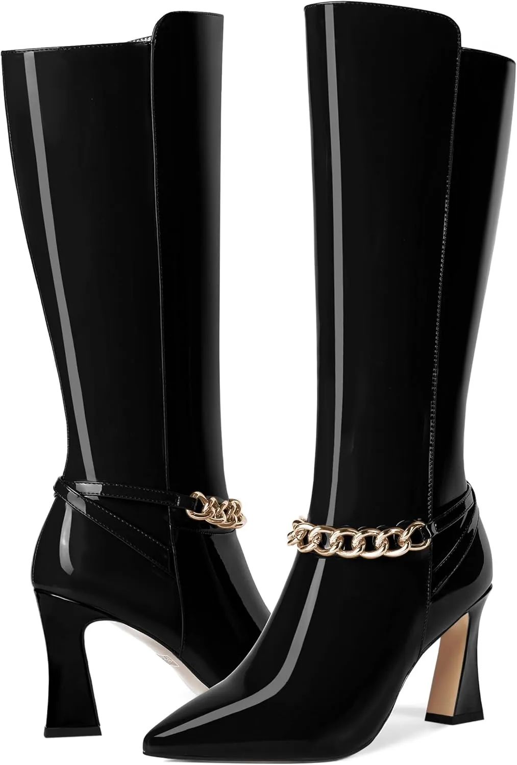 MOVINSTEPS Womens Ankle Strap Metal Pointed Toe Wedding Dress Zip Patent Kitten High Heel Mid Calf Boots 3.3 Inch