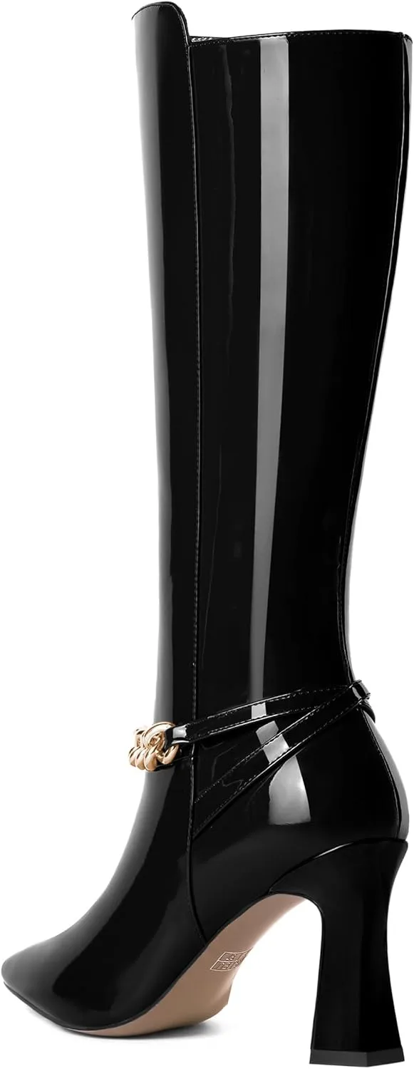 MOVINSTEPS Womens Ankle Strap Metal Pointed Toe Wedding Dress Zip Patent Kitten High Heel Mid Calf Boots 3.3 Inch