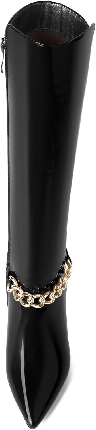 MOVINSTEPS Womens Ankle Strap Metal Pointed Toe Wedding Dress Zip Patent Kitten High Heel Mid Calf Boots 3.3 Inch