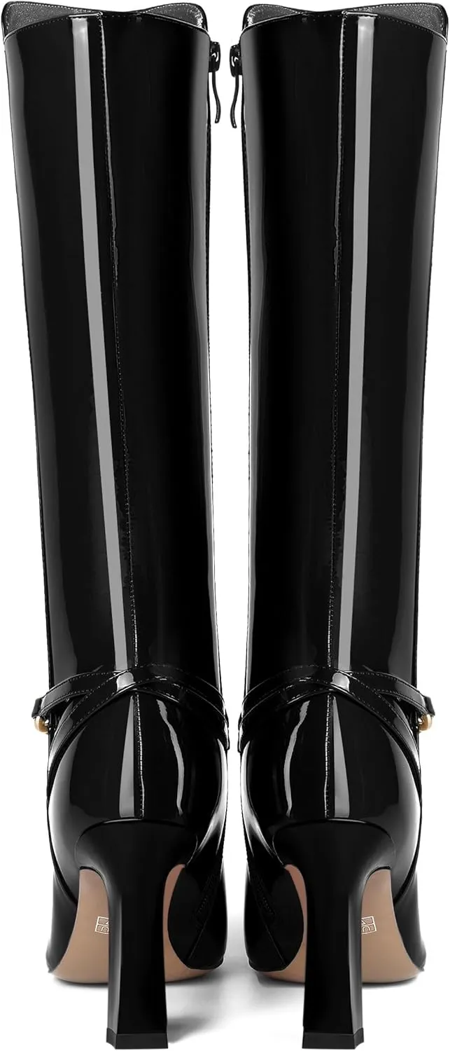 MOVINSTEPS Womens Ankle Strap Metal Pointed Toe Wedding Dress Zip Patent Kitten High Heel Mid Calf Boots 3.3 Inch