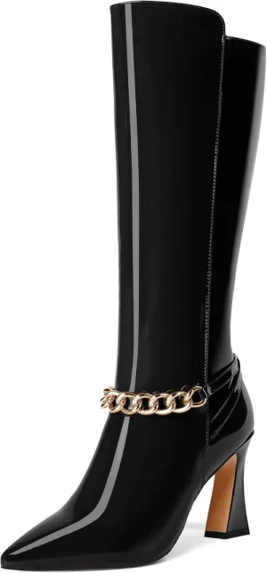 MOVINSTEPS Womens Ankle Strap Metal Pointed Toe Wedding Dress Zip Patent Kitten High Heel Mid Calf Boots 3.3 Inch
