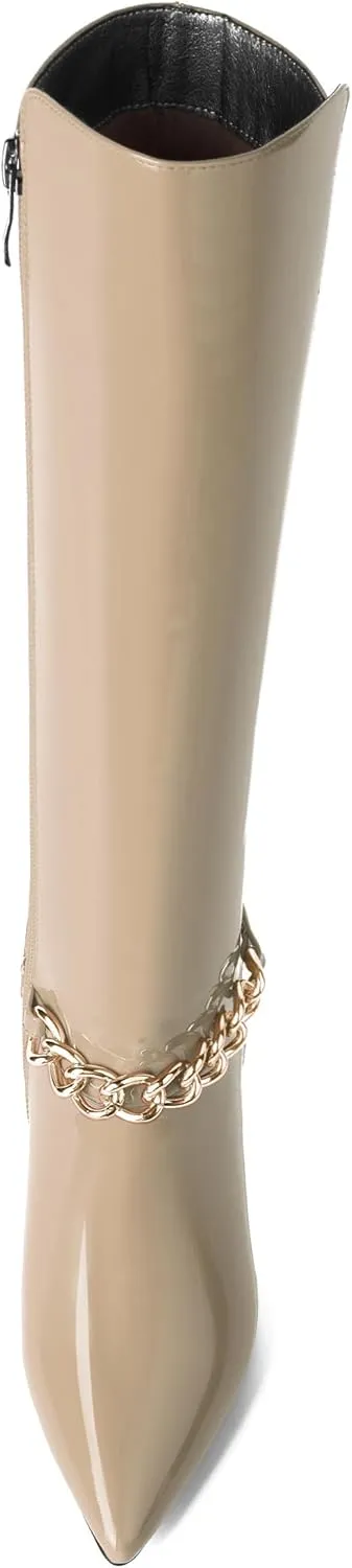 MOVINSTEPS Womens Ankle Strap Metal Pointed Toe Wedding Dress Zip Patent Kitten High Heel Mid Calf Boots 3.3 Inch