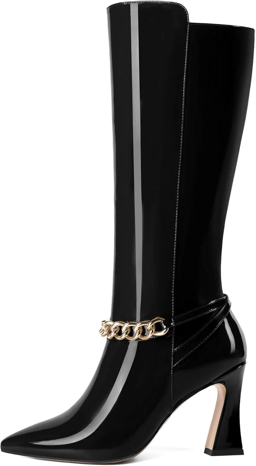 MOVINSTEPS Womens Ankle Strap Metal Pointed Toe Wedding Dress Zip Patent Kitten High Heel Mid Calf Boots 3.3 Inch
