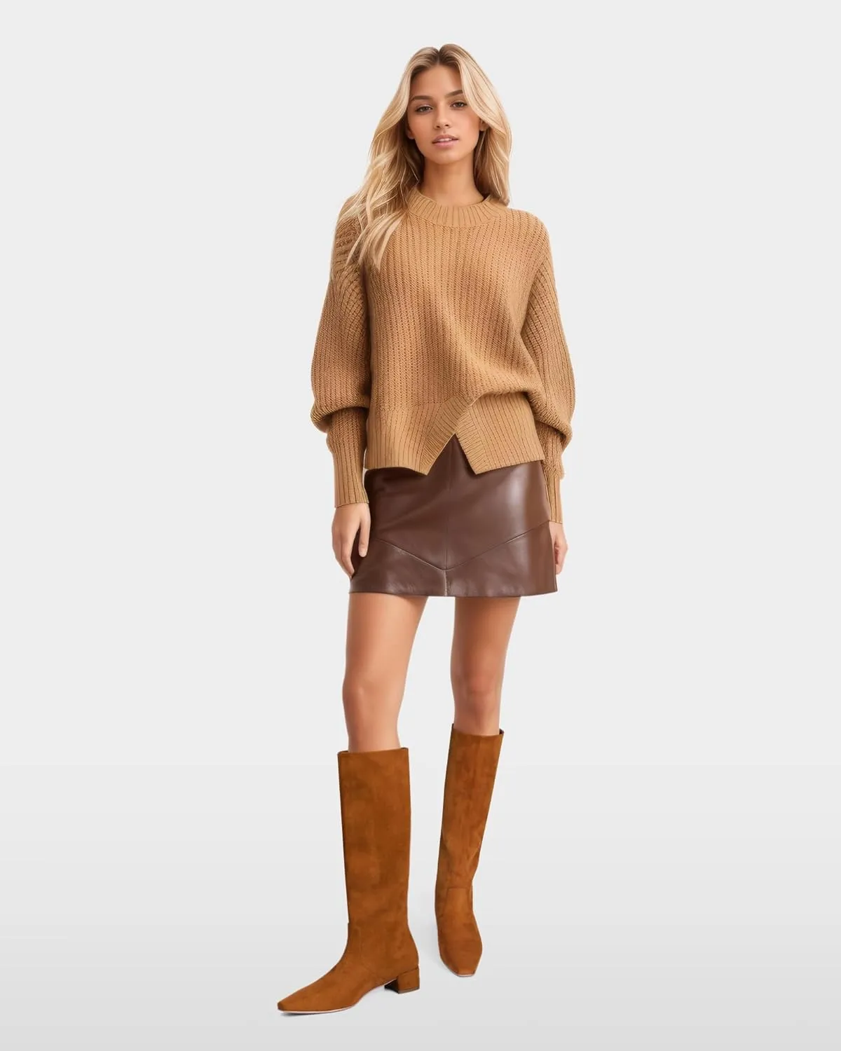MUCCCUTE Knee High Boots - Boots for Women Square Toe Chunky Heels Tall Boots Pull-On PU Low Block Heel Long Boot