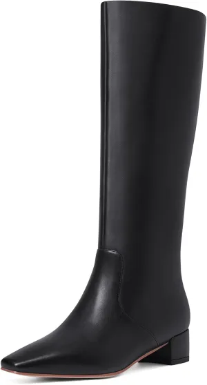 MUCCCUTE Knee High Boots - Boots for Women Square Toe Chunky Heels Tall Boots Pull-On PU Low Block Heel Long Boot