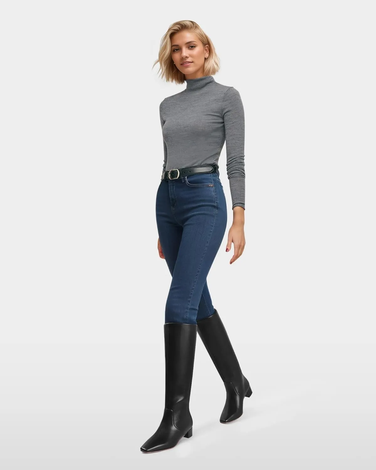 MUCCCUTE Knee High Boots - Boots for Women Square Toe Chunky Heels Tall Boots Pull-On PU Low Block Heel Long Boot