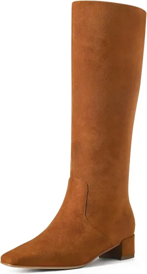 MUCCCUTE Knee High Boots - Boots for Women Square Toe Chunky Heels Tall Boots Pull-On PU Low Block Heel Long Boot