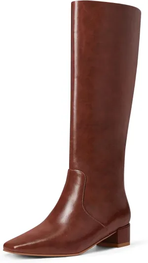 MUCCCUTE Knee High Boots - Boots for Women Square Toe Chunky Heels Tall Boots Pull-On PU Low Block Heel Long Boot