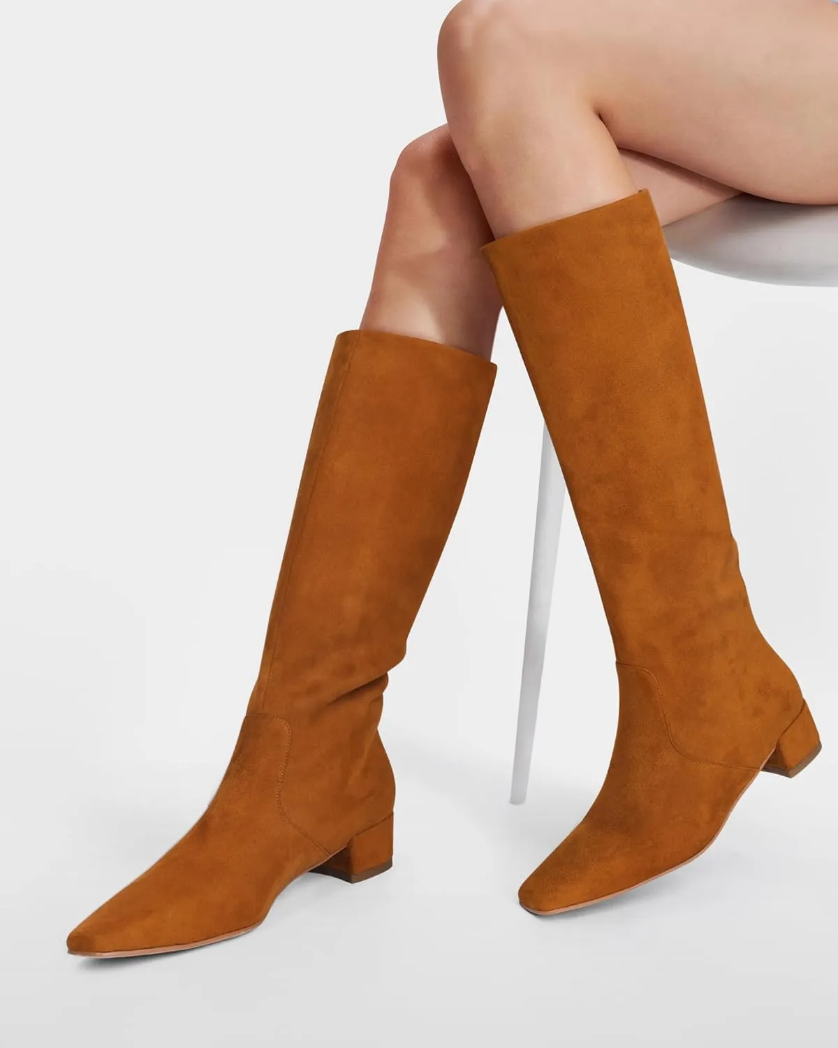 MUCCCUTE Knee High Boots - Boots for Women Square Toe Chunky Heels Tall Boots Pull-On PU Low Block Heel Long Boot