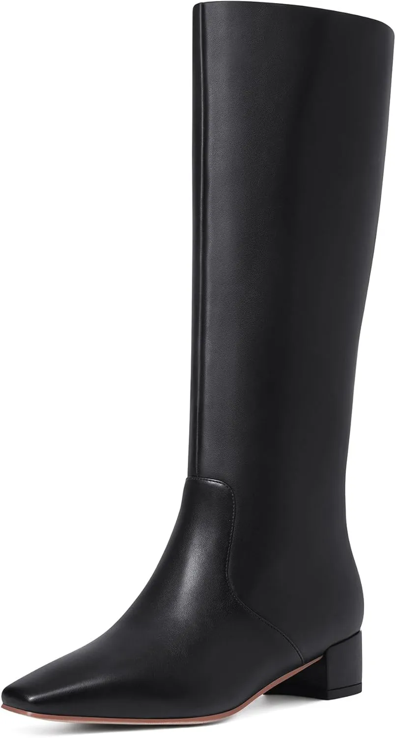 MUCCCUTE Knee High Boots - Boots for Women Square Toe Chunky Heels Tall Boots Pull-On PU Low Block Heel Long Boot
