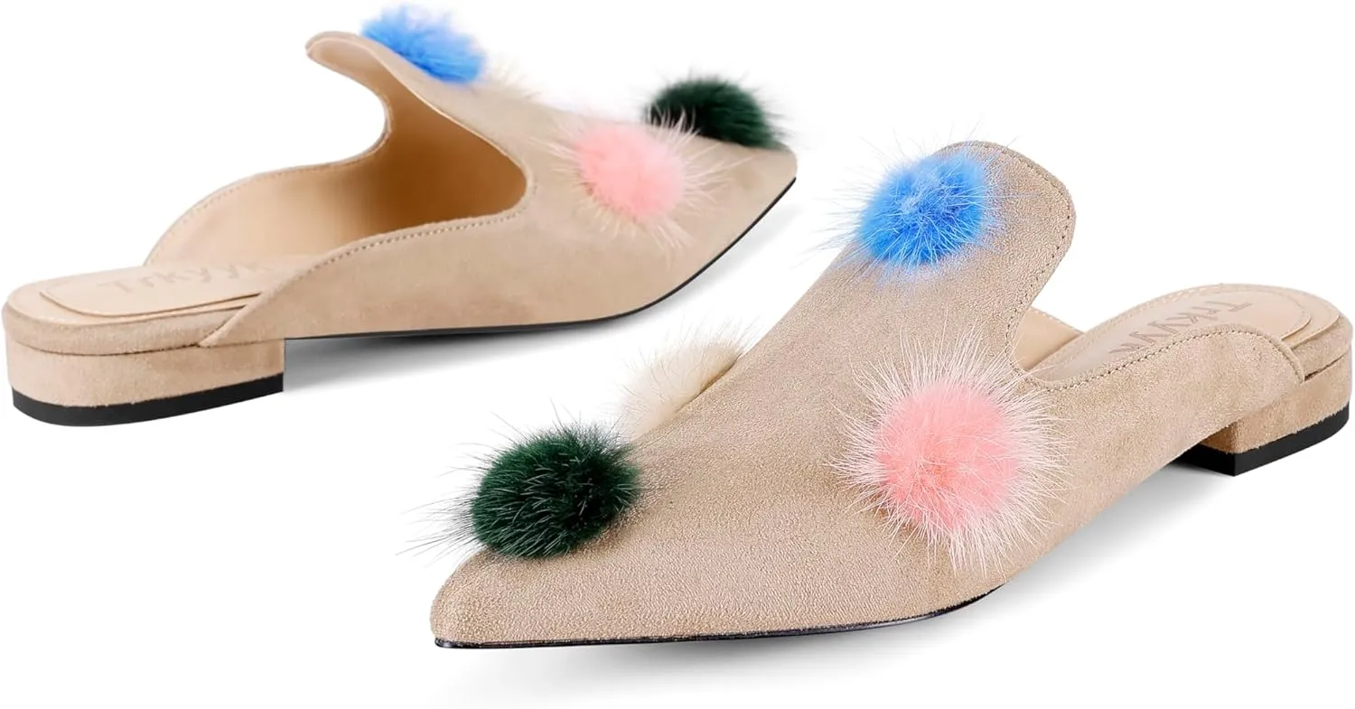 Mules for Women Pointed Toe Comfortable Flats Backless Loafers with Pom Poms