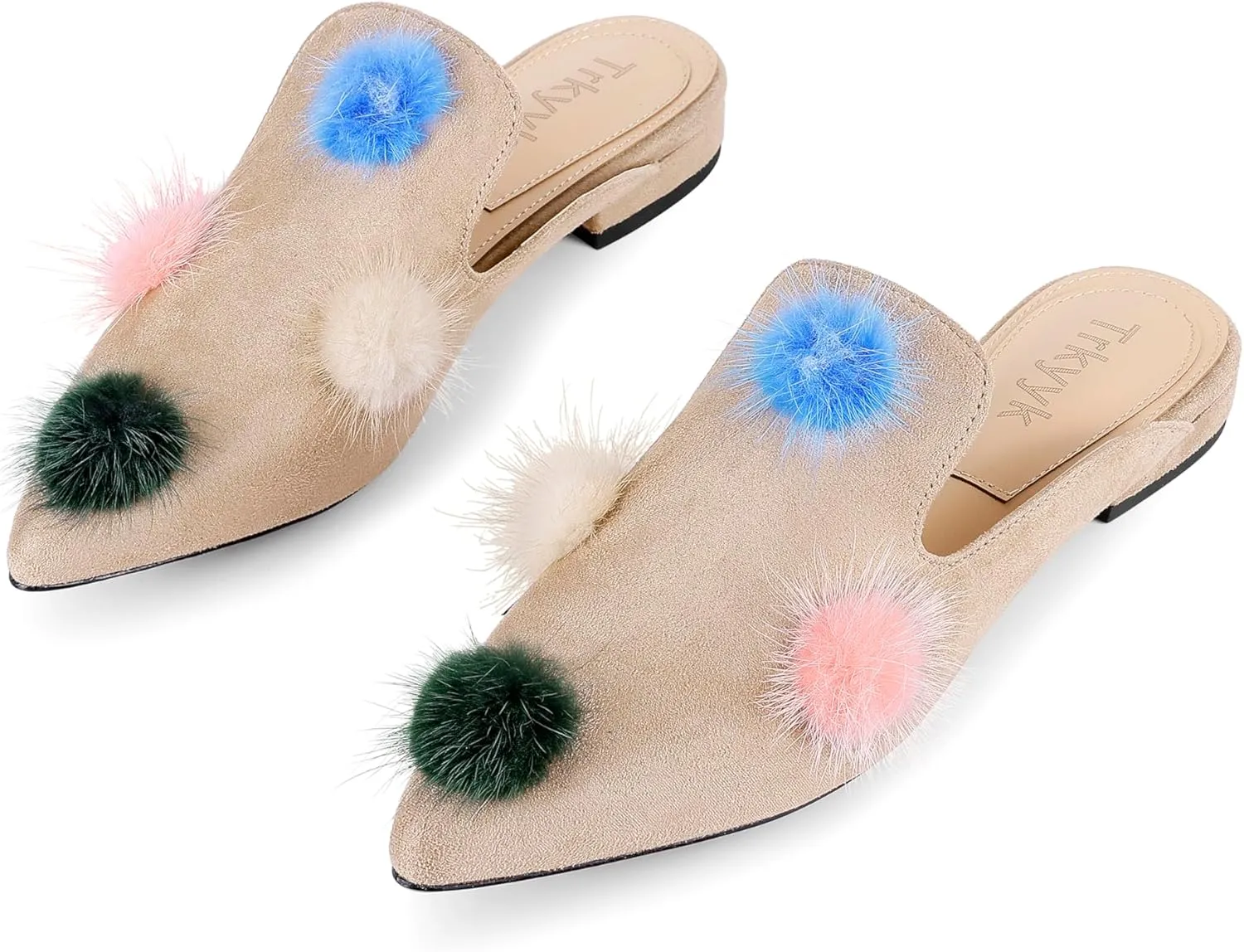 Mules for Women Pointed Toe Comfortable Flats Backless Loafers with Pom Poms