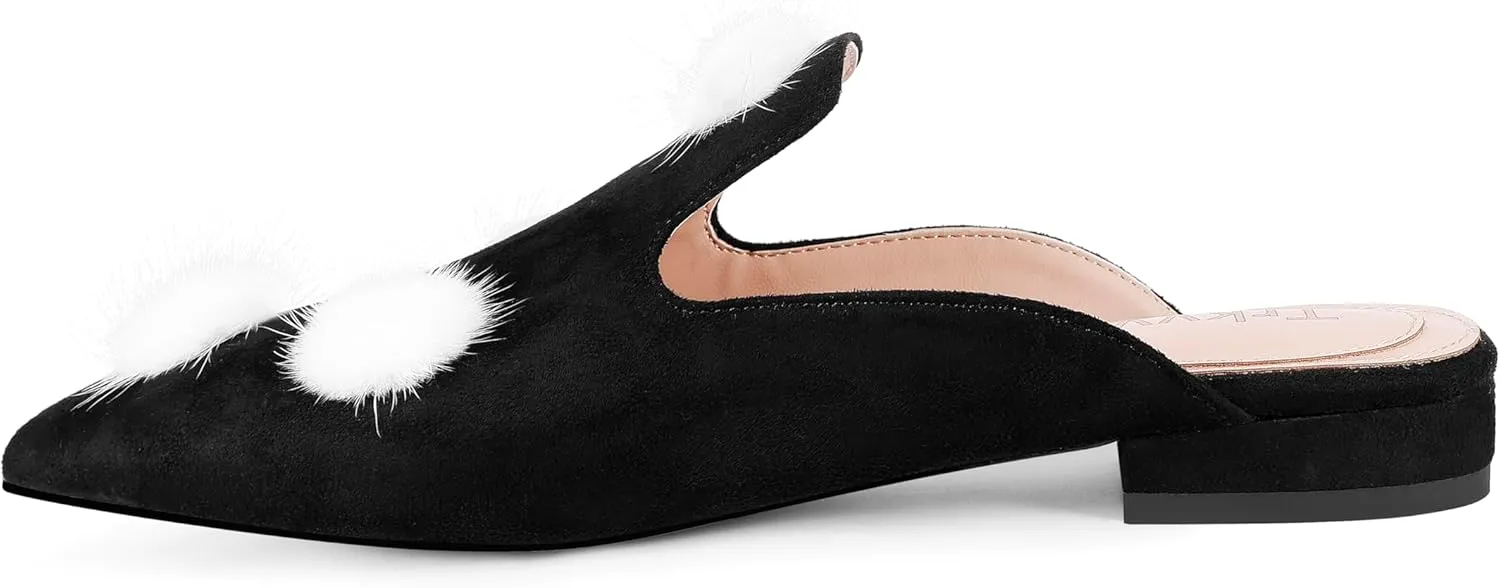 Mules for Women Pointed Toe Comfortable Flats Backless Loafers with Pom Poms
