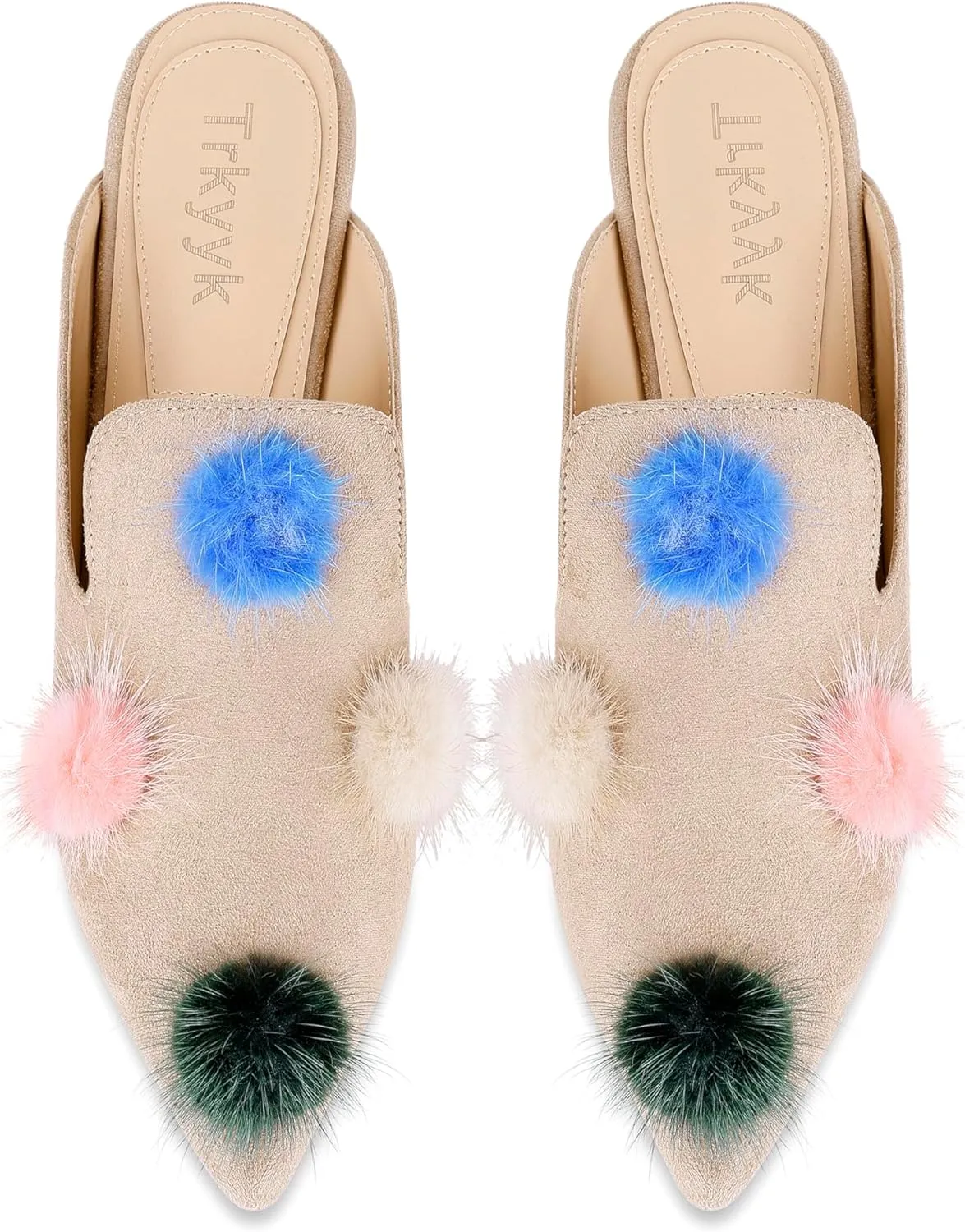 Mules for Women Pointed Toe Comfortable Flats Backless Loafers with Pom Poms