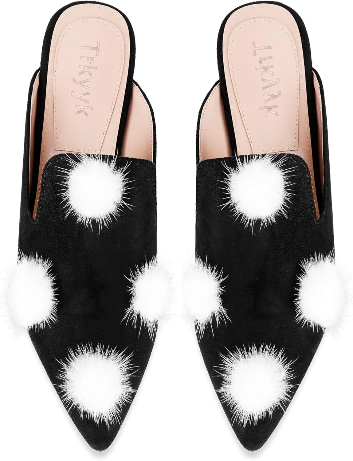 Mules for Women Pointed Toe Comfortable Flats Backless Loafers with Pom Poms