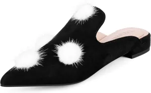 Mules for Women Pointed Toe Comfortable Flats Backless Loafers with Pom Poms