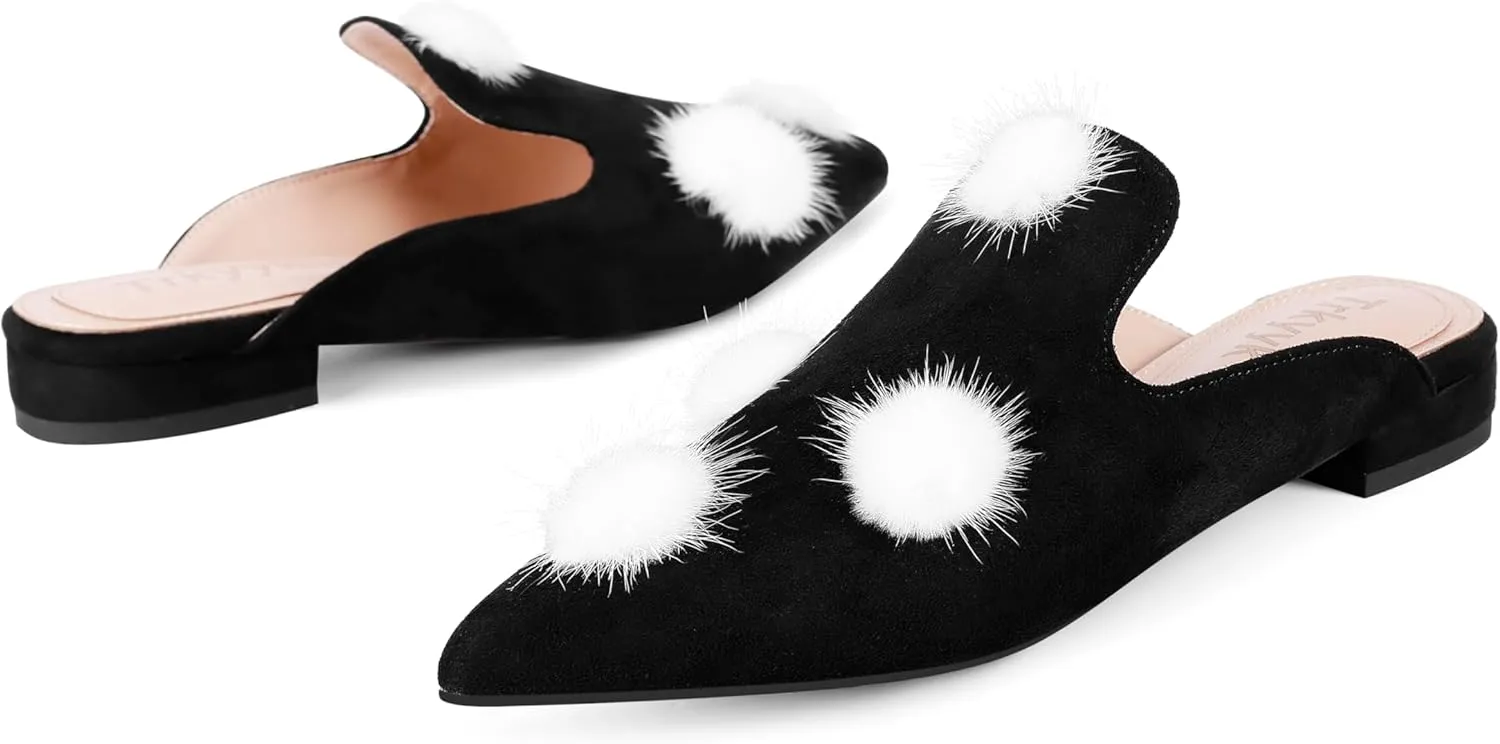 Mules for Women Pointed Toe Comfortable Flats Backless Loafers with Pom Poms