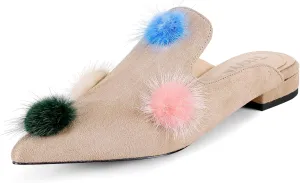 Mules for Women Pointed Toe Comfortable Flats Backless Loafers with Pom Poms