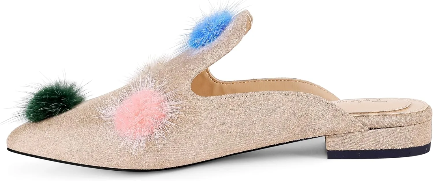 Mules for Women Pointed Toe Comfortable Flats Backless Loafers with Pom Poms