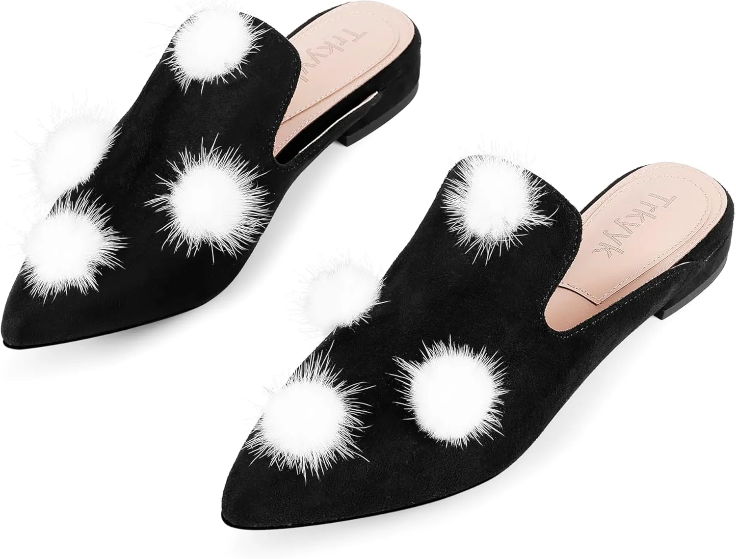 Mules for Women Pointed Toe Comfortable Flats Backless Loafers with Pom Poms