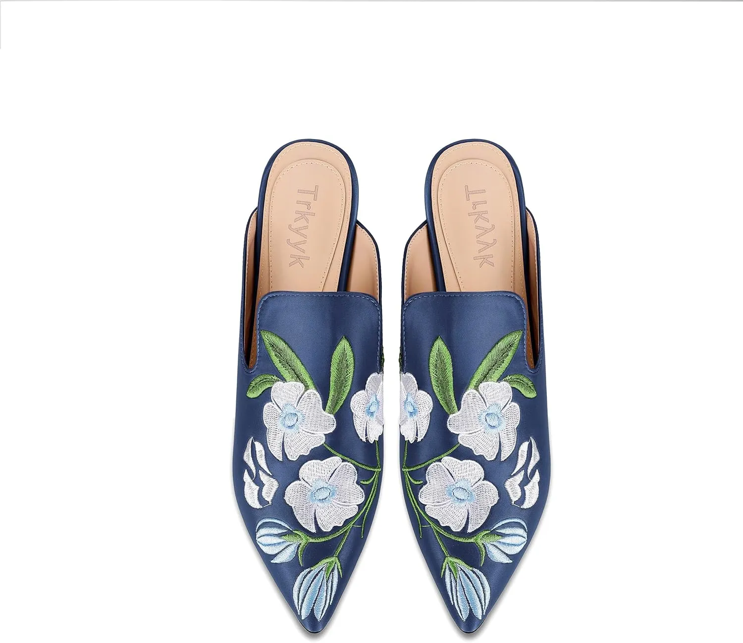Mules for Women Pointed Toe Embroidered Shoes Satin Comfortable Flats Backless Loafers