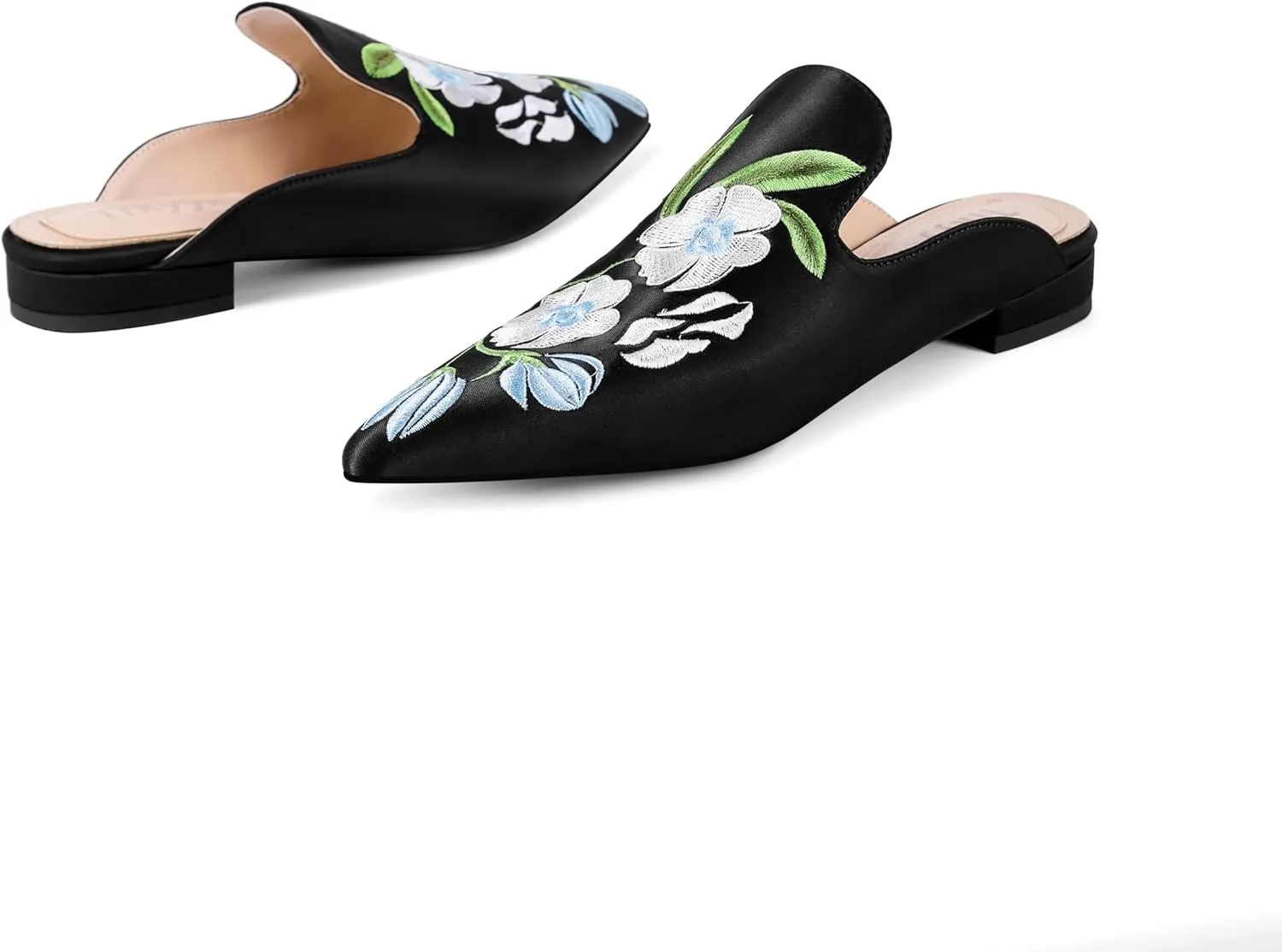 Mules for Women Pointed Toe Embroidered Shoes Satin Comfortable Flats Backless Loafers