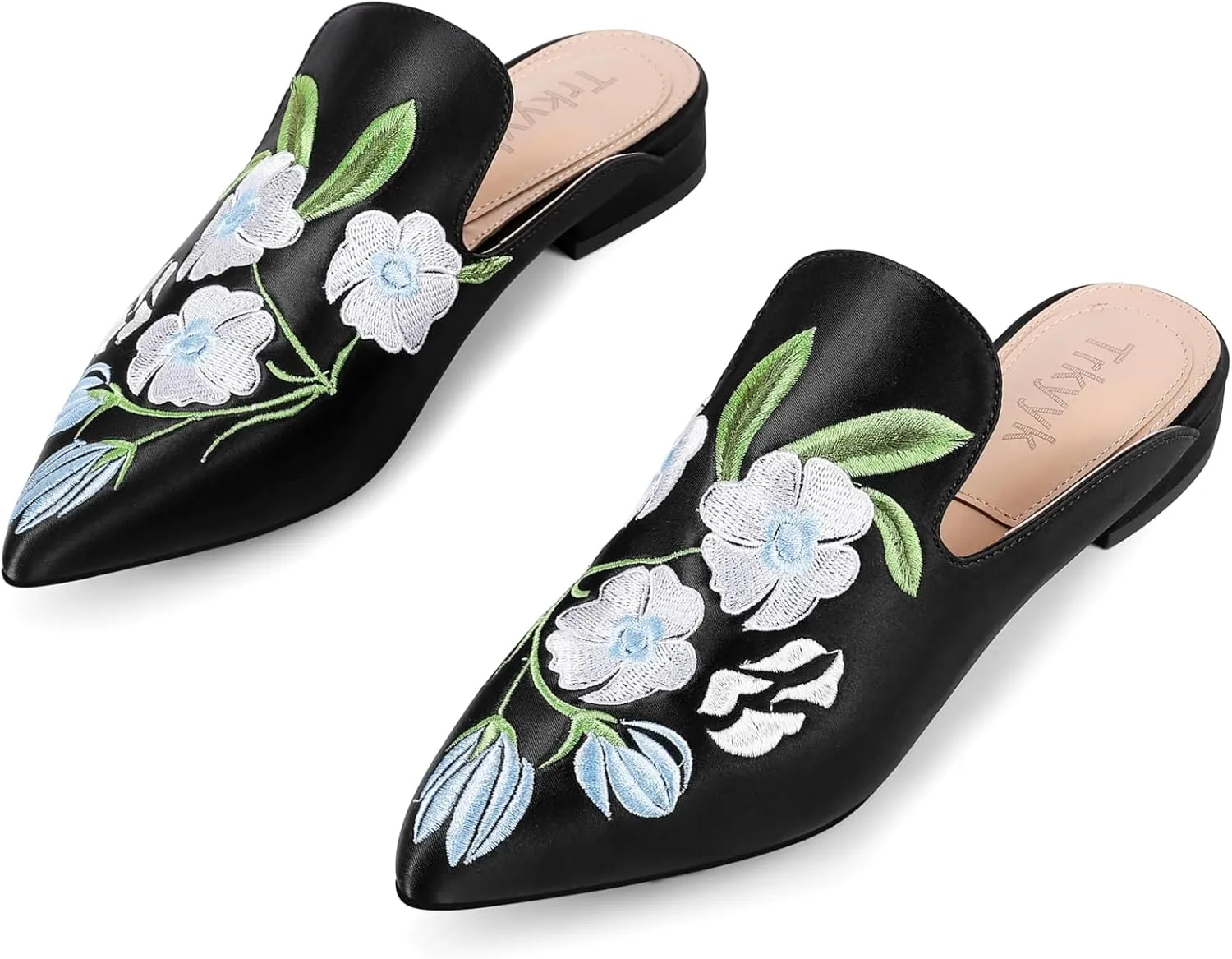 Mules for Women Pointed Toe Embroidered Shoes Satin Comfortable Flats Backless Loafers