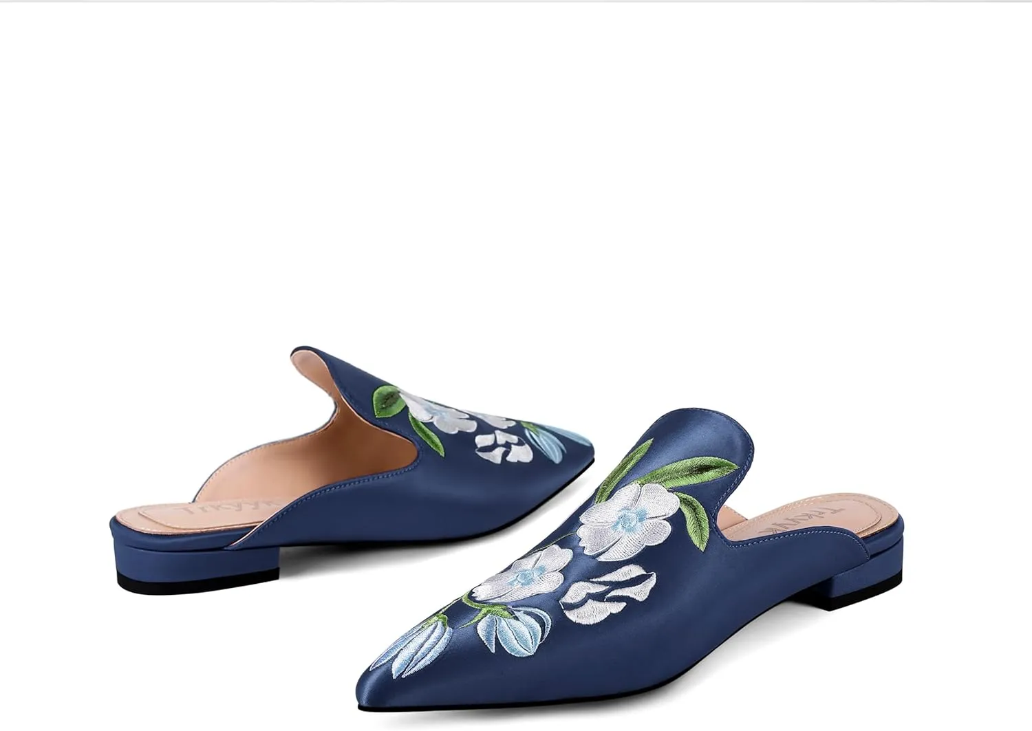 Mules for Women Pointed Toe Embroidered Shoes Satin Comfortable Flats Backless Loafers