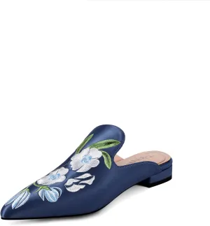 Mules for Women Pointed Toe Embroidered Shoes Satin Comfortable Flats Backless Loafers