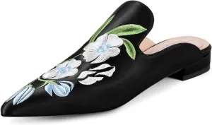 Mules for Women Pointed Toe Embroidered Shoes Satin Comfortable Flats Backless Loafers