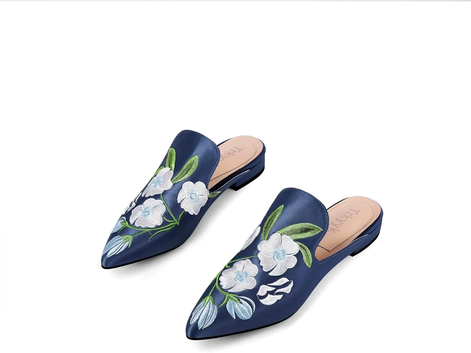 Mules for Women Pointed Toe Embroidered Shoes Satin Comfortable Flats Backless Loafers