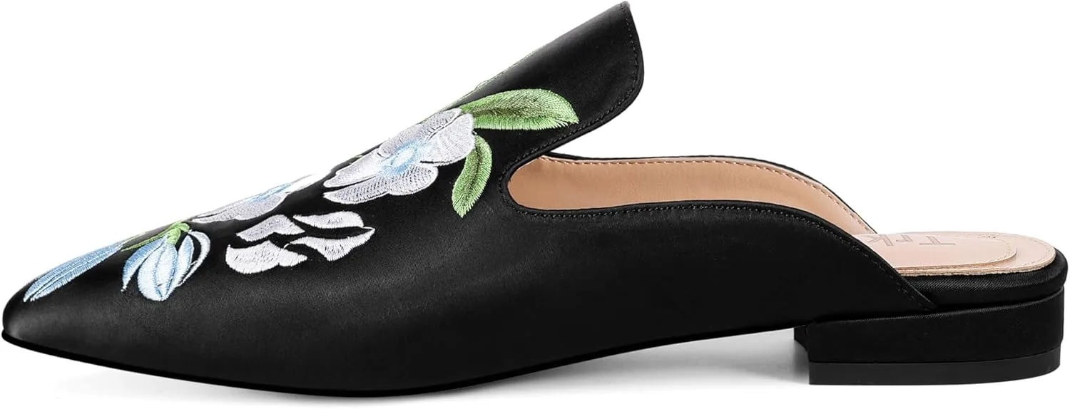 Mules for Women Pointed Toe Embroidered Shoes Satin Comfortable Flats Backless Loafers