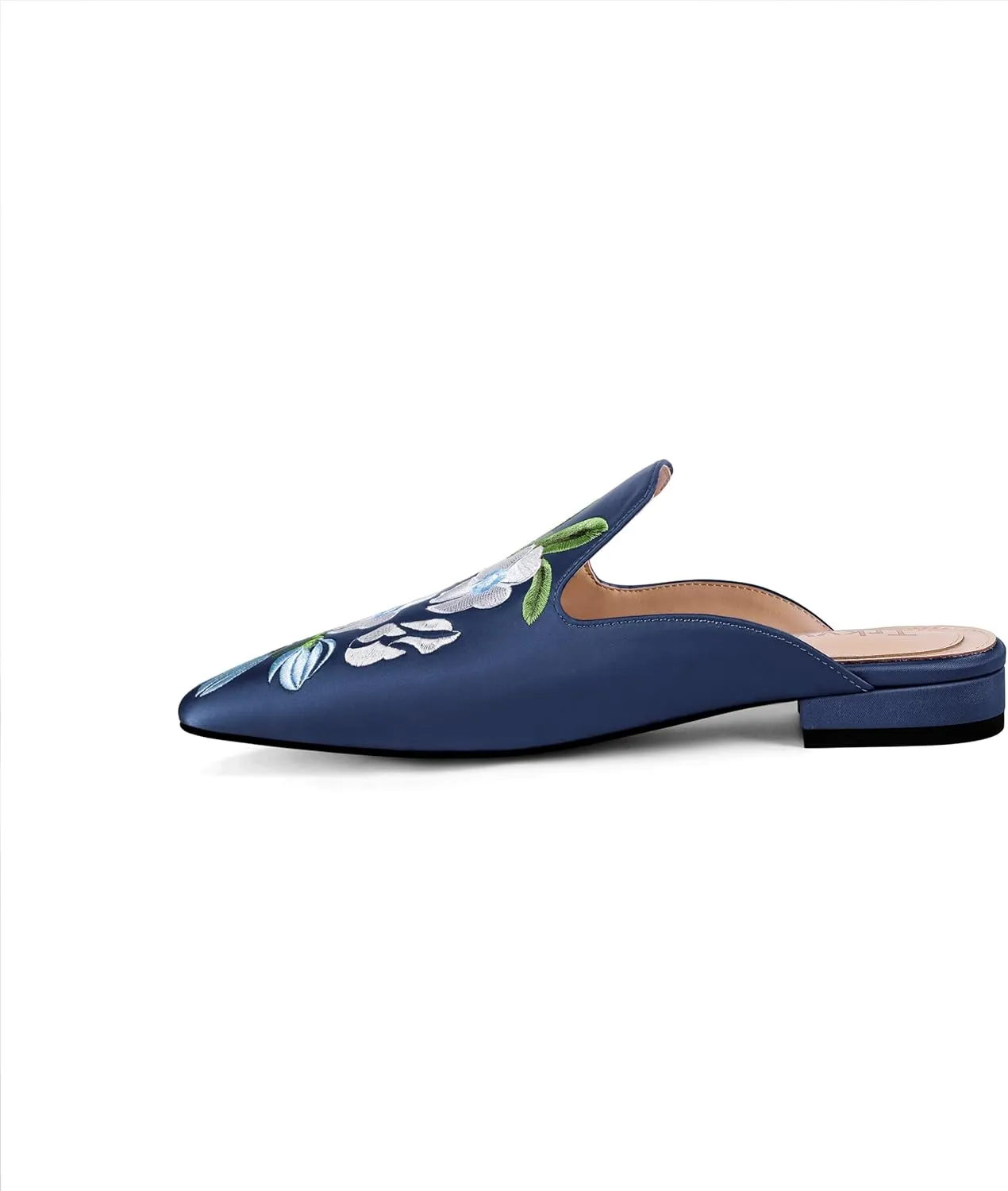 Mules for Women Pointed Toe Embroidered Shoes Satin Comfortable Flats Backless Loafers