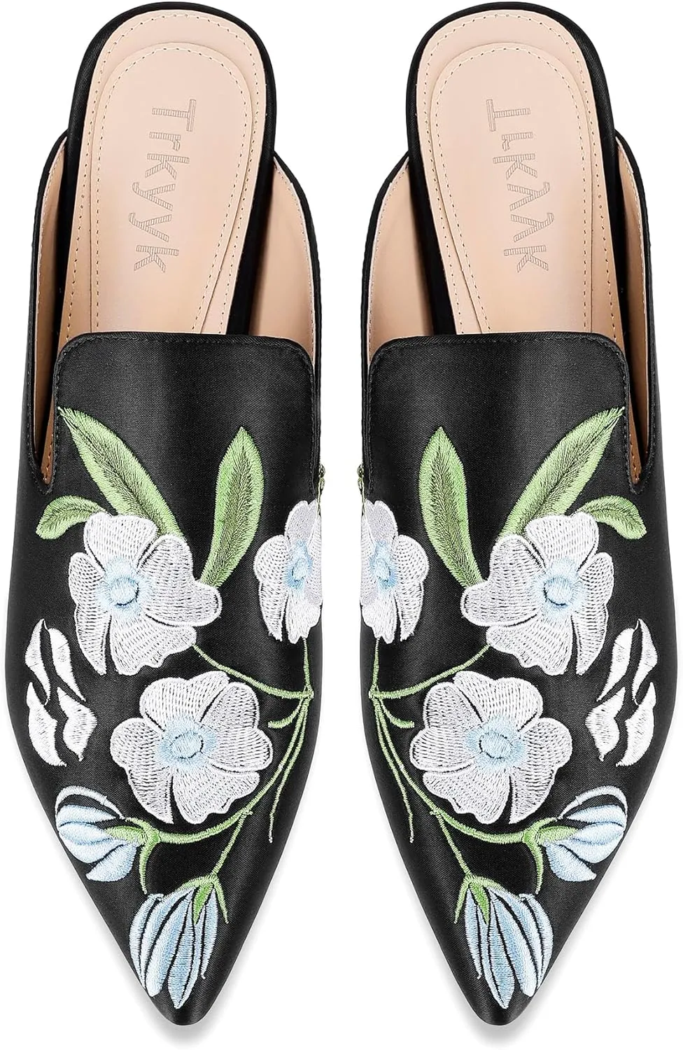 Mules for Women Pointed Toe Embroidered Shoes Satin Comfortable Flats Backless Loafers