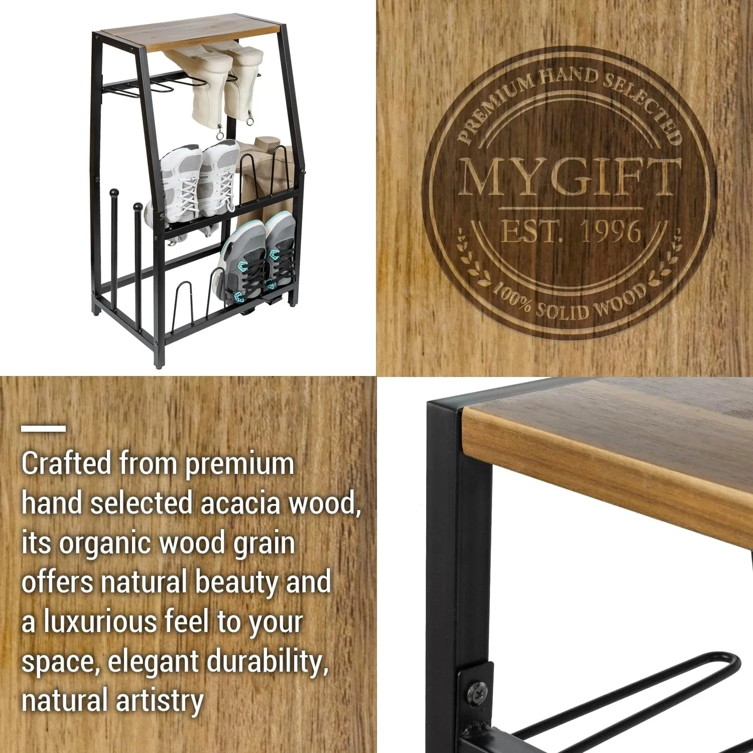 MyGift Acacia Wood & Black Metal Entryway Organizer: 2-in-1 Shoe Rack with Shelf & Boot Storage for 8 Pairs - Rustic Modern Entry Table with Adjustable Feet (Foyer/Mudroom/Garage)