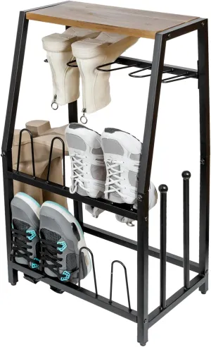 MyGift Acacia Wood & Black Metal Entryway Organizer: 2-in-1 Shoe Rack with Shelf & Boot Storage for 8 Pairs - Rustic Modern Entry Table with Adjustable Feet (Foyer/Mudroom/Garage)