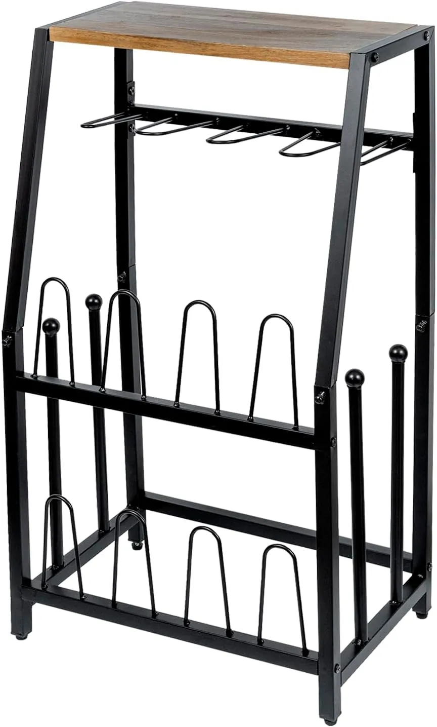 MyGift Acacia Wood & Black Metal Entryway Organizer: 2-in-1 Shoe Rack with Shelf & Boot Storage for 8 Pairs - Rustic Modern Entry Table with Adjustable Feet (Foyer/Mudroom/Garage)