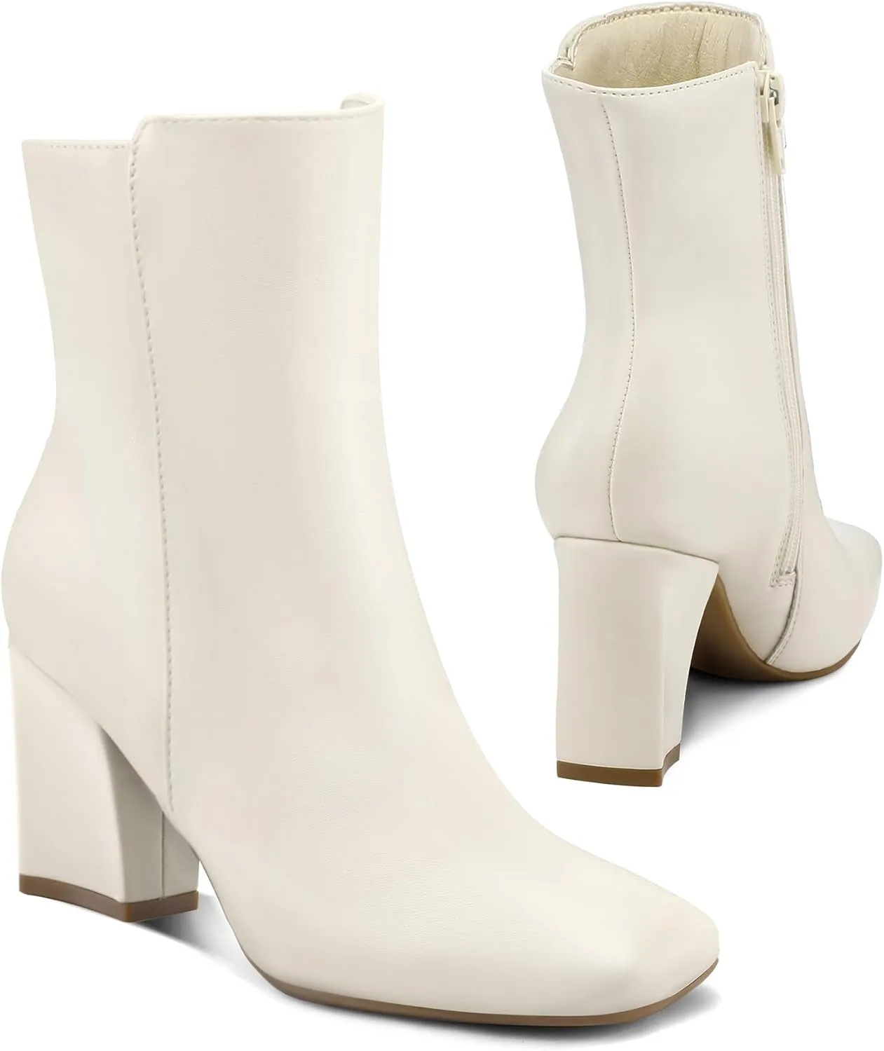 mysoft Women's Ankle Boots Square Toe Side Zipper GoGo Boots Chunky Block Heel Mid Calf Low Heeled Short Booties