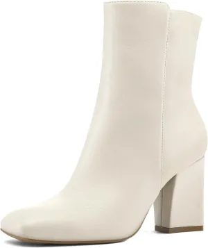 mysoft Women's Ankle Boots Square Toe Side Zipper GoGo Boots Chunky Block Heel Mid Calf Low Heeled Short Booties